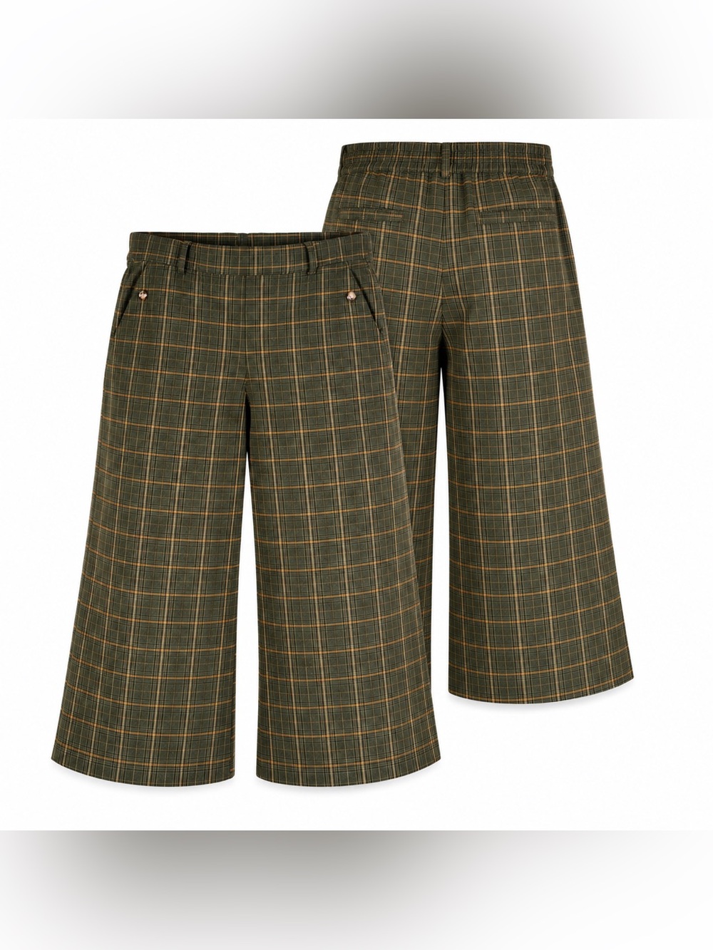 Wide-Leg Plaid Capris in Olive with Contrast Windowpane